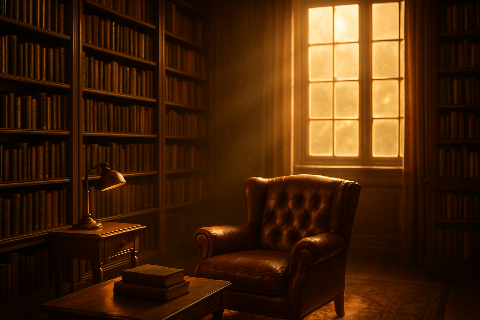 A warm library study filled with hardcover books