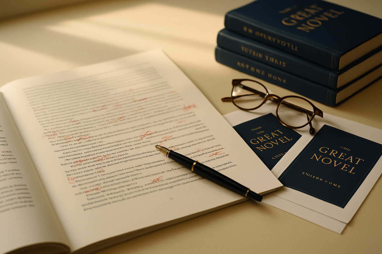 A professional editorial workspace with manuscripts and book proofs